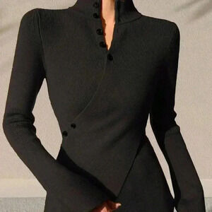 Black Casual Women's Button Cross Design Long Sleeve Sweater Asymmetric Pullover